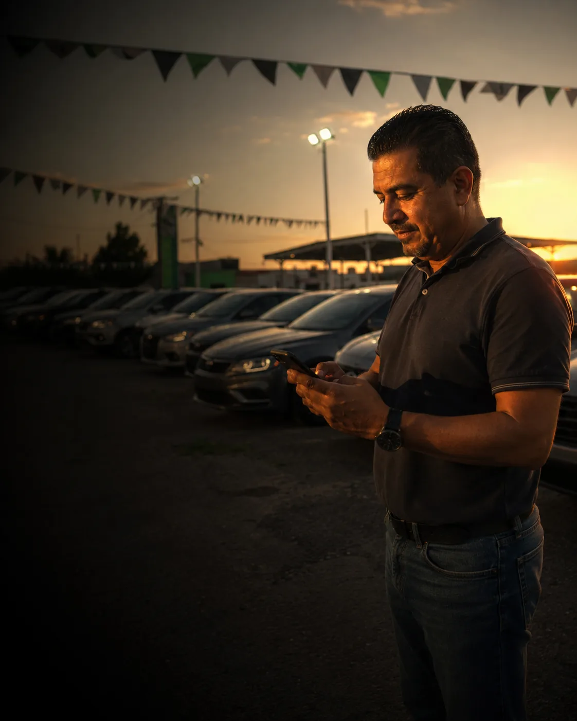 Dueño de un lote de autos seminuevos revisando su teléfono en su lote al atardecer